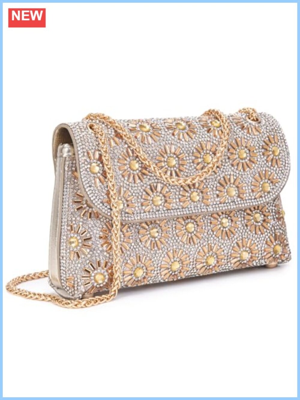 Rhinestone Evening Clutch Crossbody Bag with Chain Floral Pattern